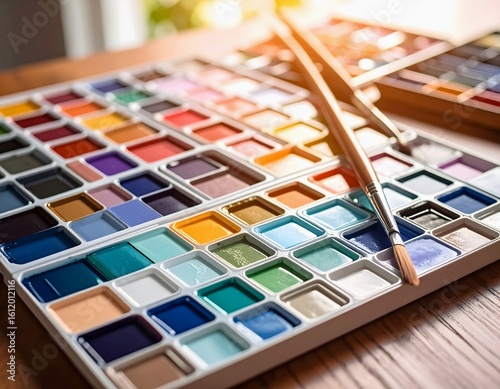 Beautiful palette of colors with a brush for creating art and painting