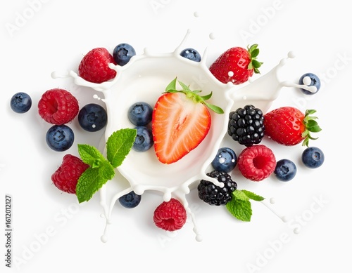 Fresh mixed berries splash into milk – vibrant strawberries, raspberries, blueberries, and blackberries with mint leaves isolated on white background