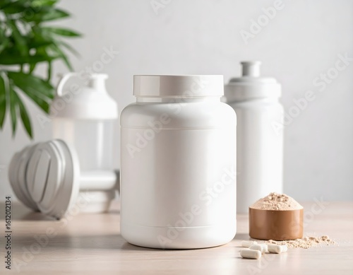 White plastic protein powder jar with a black lid and a full measuring scoop in the foreground. A shaker bottle and dumbbell are in the background, all set against a light, minimalist background.