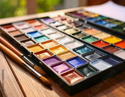 Beautiful palette of colors with a brush for creating art and painting.