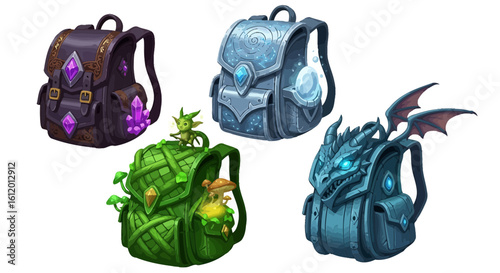 Four fantasy backpacks with unique designs and features.