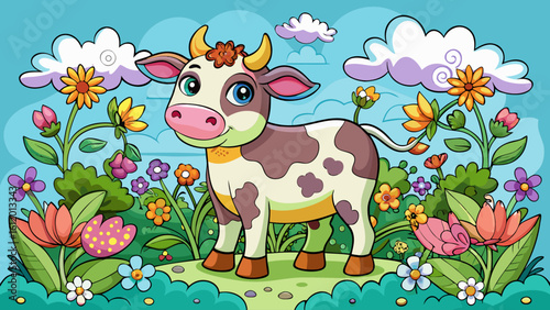 very Beautiful Charming cow surrounded by flowers and clouds perfect for a delightful coloring adventure