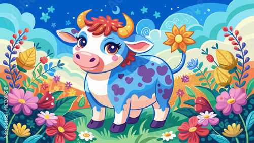 very Beautiful Charming cow surrounded by flowers and clouds perfect for a delightful coloring adventure