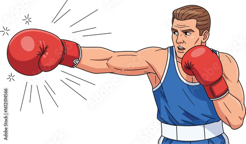 Powerful boxer throws a dynamic punch, showcasing strength and action