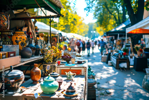 A bustling flea market with vintage treasures and collectibles.