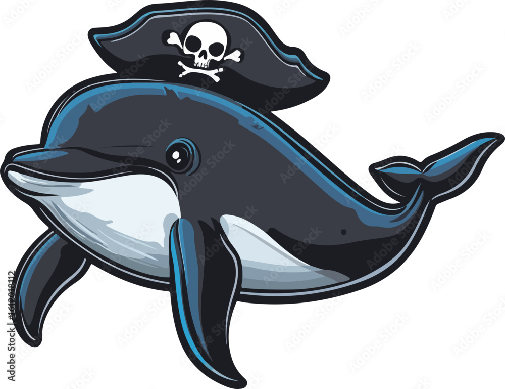 Fototapeta premium cartoon dolphin wearing pirate hat illustration
