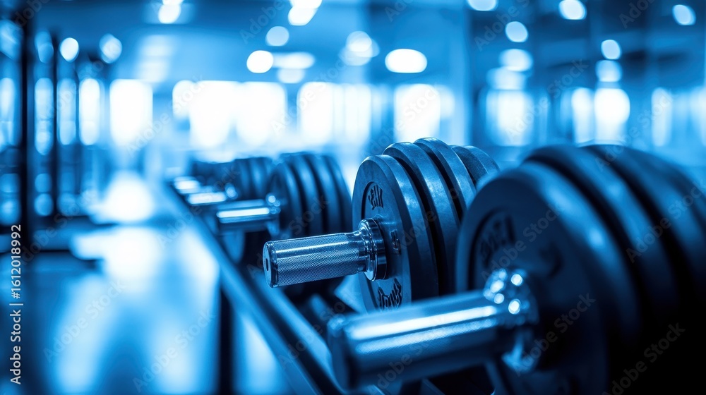 Fototapeta premium Close-up of Dumbbells in Modern Gym Environment with Blue Lighting