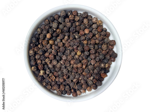 Fototapeta Naklejka Na Ścianę i Meble -  Black Peppercorns in White Bowl - Top View Dry Spice Isolated on Transparent Background Stock Photo

