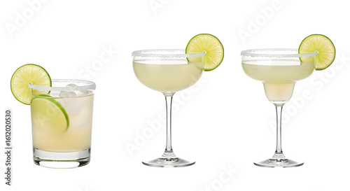 Three margarita cocktails with lime garnish and salted rims, refreshing drinks on transparent background