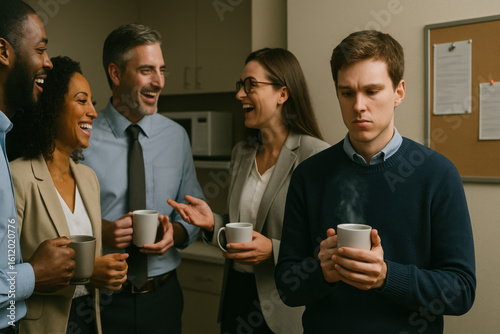 Office workers gather cheerfully with coffee mugs while one man stands apart, highlighting social isolation amid coffee break culture.
