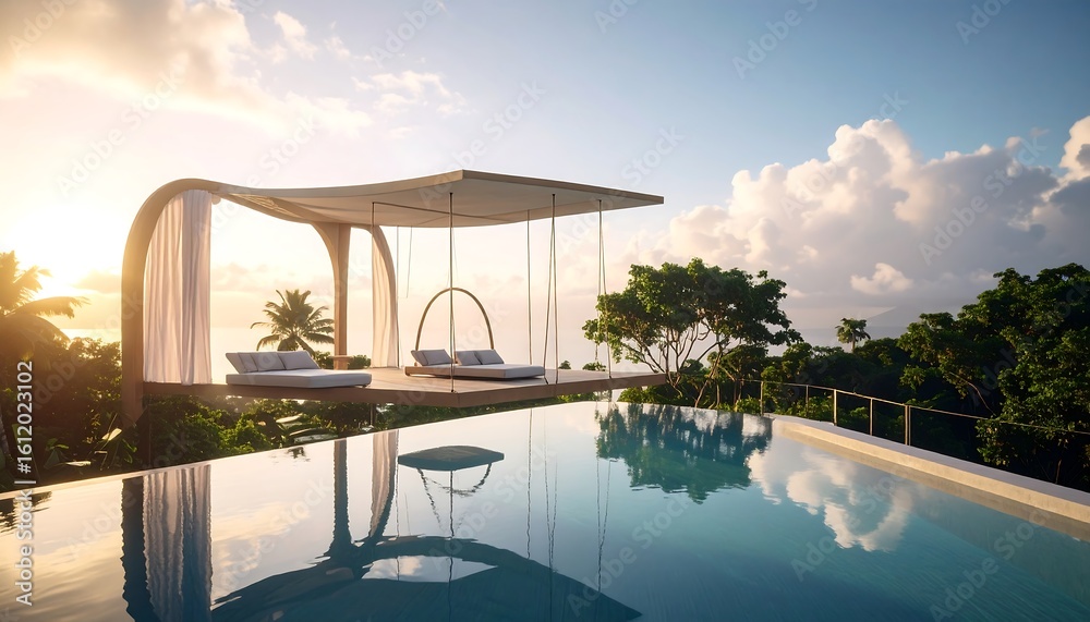 Fototapeta premium Relaxing by Tropical Pool with Pergola and Daybeds at Sunset