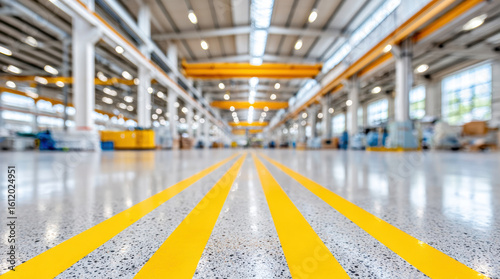 Wallpaper Mural Industrial warehouse facility with yellow floor stripes leading through modern manufacturing space. Clean factory interior with polished concrete flooring and steel beam ceiling structure. Torontodigital.ca