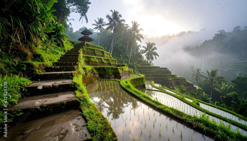 Fototapeta premium Rice Terraces with Steps and Temple in Misty Landscape