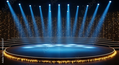 Illuminated Stage with Blue Spotlights and Golden Back Lighting for Performances and Entertainment Events with a Modern Aesthetic