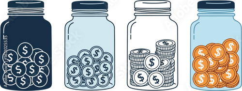 Four jars filled with different amounts of coins and dollar symbols