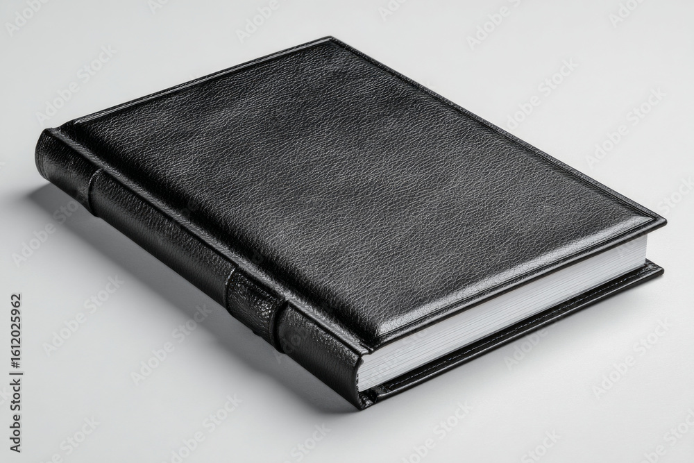 Obraz premium Closed black leather bound book with white pages resting on a white table