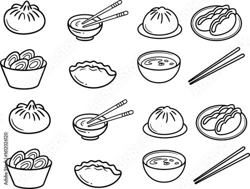 Collection of hand drawn asian dumplings and food illustrations