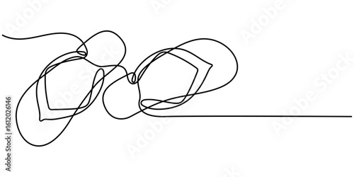 Flip flops continuous one line drawing, single line art element, minimalist sketch line vector illustration, summer travel concept. Hand drawn Editable stroke.  