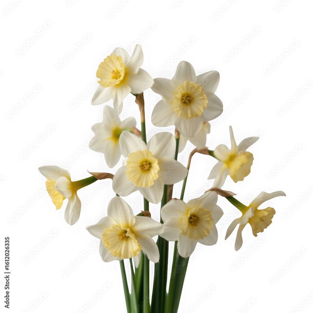 Obraz premium Delicate white and yellow daffodils bloom against a stark black background