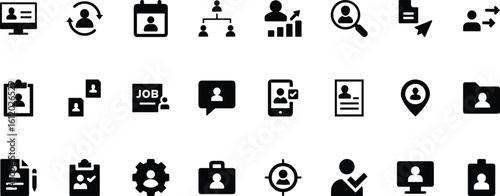 Glyph style icons set for job application, employee management, profile search, communication and office tools