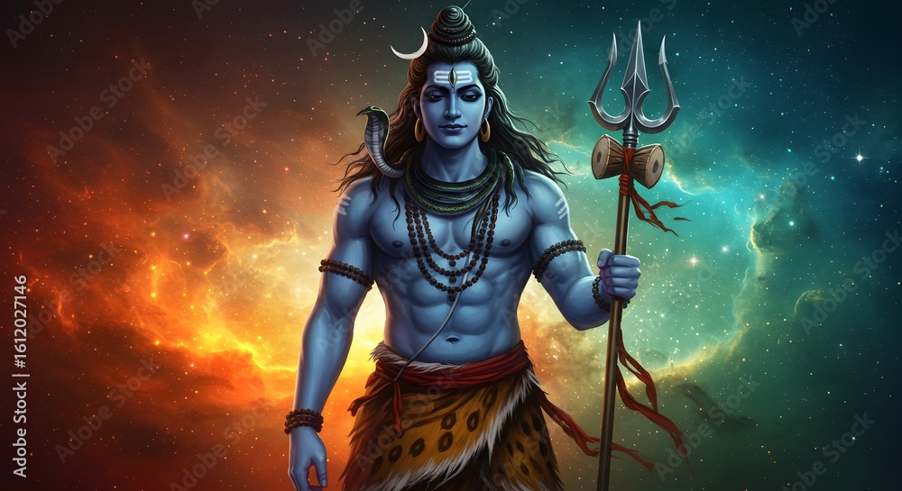 Fototapeta premium Lord shiva with blue skin, holding a trident, stands powerfully amidst a vibrant cosmic nebula and starry sky