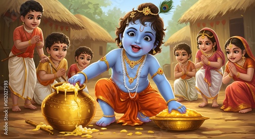 A joyful baby krishna, depicted as a blueskinned child, gleefully eats butter from a golden pot surrounded by other children in a traditional indian village setting