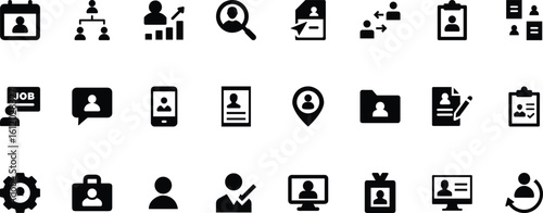 Human resource business icons set, black solid pictograms of user profile, resume, recruitment, id card, team, analysis