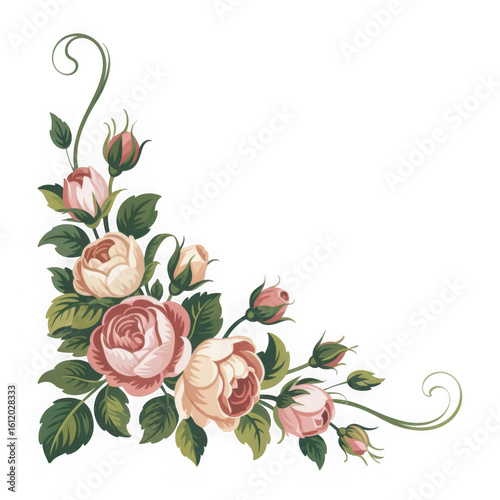 Elegant vintage pink roses and green leaves corner design on black background