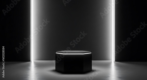 Modern Product Display Podium with Neon Lights in Dark Room Elegant Presentation Stage for Showcase and Marketing Minimalist Backdrop