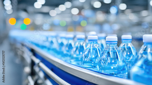 Blue plastic water bottles on industrial conveyor belt production line. Automated bottling factory machinery for beverage manufacturing. Mass facility with modern packaging equipment and quality