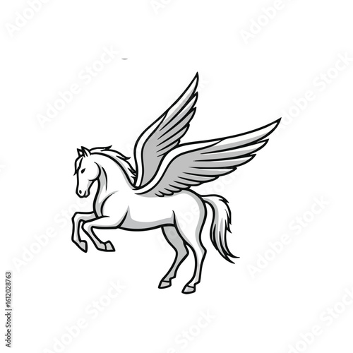 Majestic Pegasus Flying Horse. A powerful mythical stallion with elegant wings. Representing grace, swiftness, and imaginative flight. Ideal for themes of success and liberation.