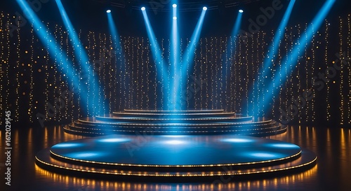 Spectacular Stage with Brilliant Blue Spotlights and Golden Accents for Performances and Entertainment Venue Showcase