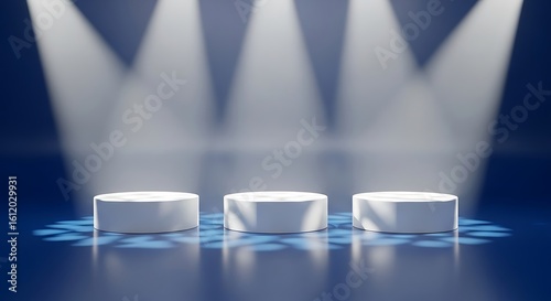 Three White Round Podiums Displaying Products with Focused Spotlights and Dark Blue Background Professional Presentation Background Marketing Advertising Backdrop