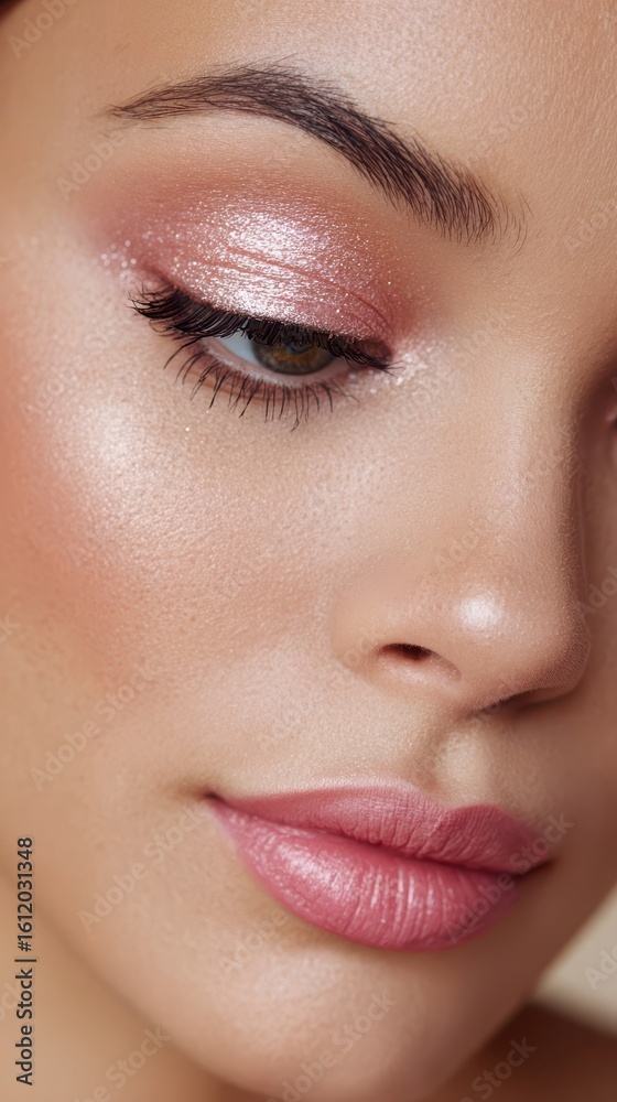 Fototapeta premium Close-up of woman with guava-toned makeup and shimmering eyelids