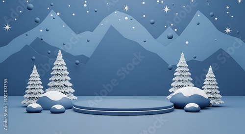 Winter Wonderland Scene with Product Display Platform Snowy Trees and Mountain Backdrop for Holiday Promotions and Festive Advertisements