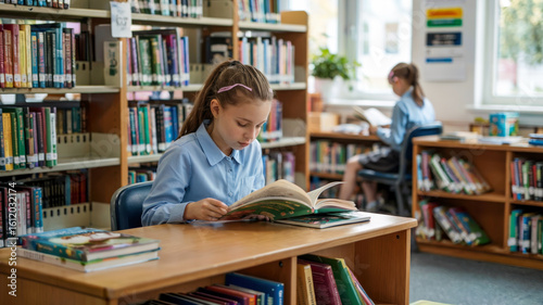 A girl in a blue uniform sitting at a desk reading a book surrounded by open books in a school library with bookshelves in the background, concept of education