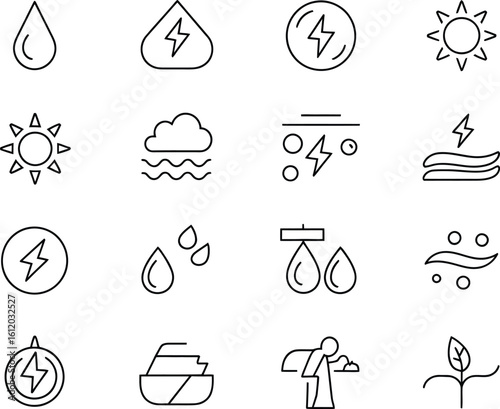 Collection of hand drawn weather icons and symbols for forecasting and climate