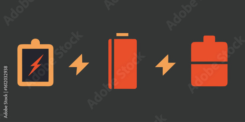 Vector art of icons representing battery power levels and energy transfer between electronic devices.
