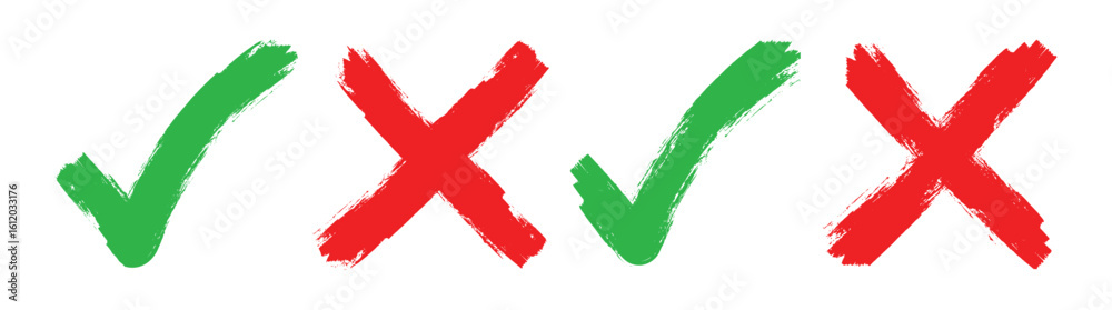 Obraz premium Set hand drawn check mark, tick and cross brush signs, checkmark OK and X icons, symbols YES and NO button, sketch checkmarks, - stock vector