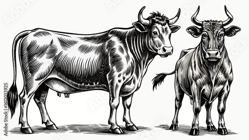 very Beautiful Cow, bull, farm. Vintage retro print, black white cow sketch ink pencil style drawing, engrave old school. Sketch artwork silhouette farm cow, white background. Side view profile.