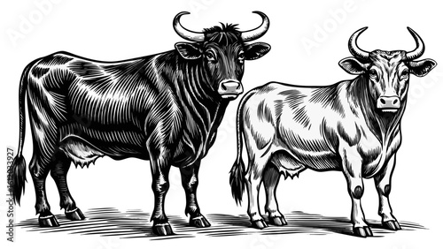 very Beautiful Cow, bull, farm. Vintage retro print, black white cow sketch ink pencil style drawing, engrave old school. Sketch artwork silhouette farm cow, white background. Side view profile.
