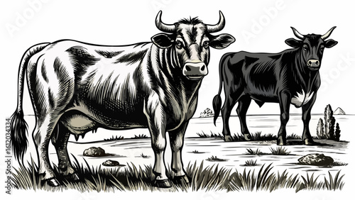 very Beautiful Cow, bull, farm. Vintage retro print, black white cow sketch ink pencil style drawing, engrave old school. Sketch artwork silhouette farm cow, white background. Side view profile.