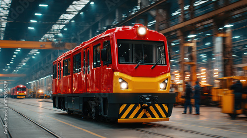 Wallpaper Mural Red locomotive train moving through industrial warehouse facility. Railway transportation system at depot terminal. Modern freight rail infrastructure operations. Torontodigital.ca