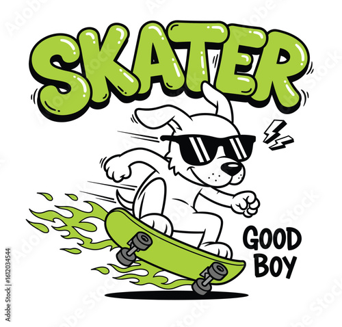 Cartoon Skater Dog on Skateboard T-shirt Vector Illustration