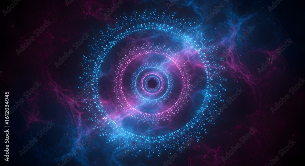 Fototapeta premium Cosmic flow of binary particles and glowing points in circular spiral