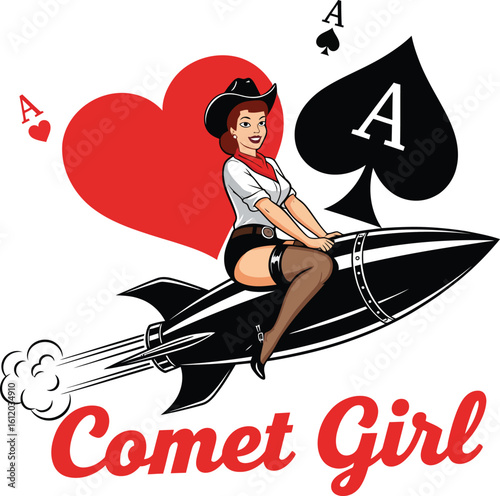 Retro Pin-up Cowgirl Riding a Rocket Vector Logo