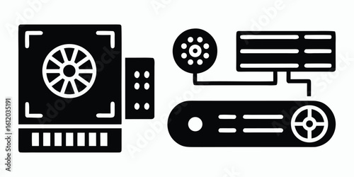 Vector art of icons depicting computer hardware components like a hard drive, fan, and server.