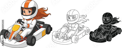 Cartoon go kart racer illustration vector design of girl driver in racing suit and helmet editable