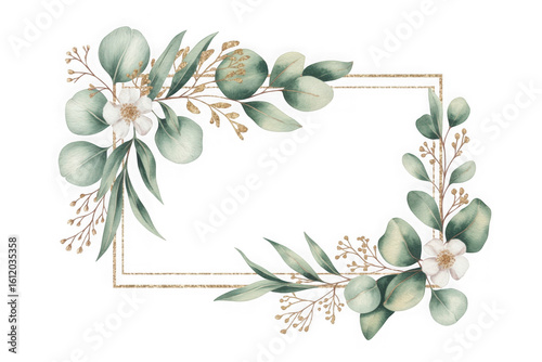 Fototapeta Naklejka Na Ścianę i Meble -  Elegant watercolor eucalyptus wreath with delicate white flowers and a golden frame