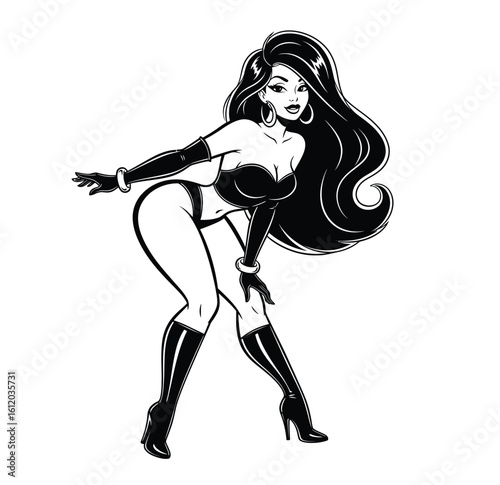Sexy Pin-up Girl in Boots and Gloves Vector Illustration